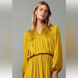 Current Air Golden Green Shirred Long Sleeve Blouse with Ruffled Collar